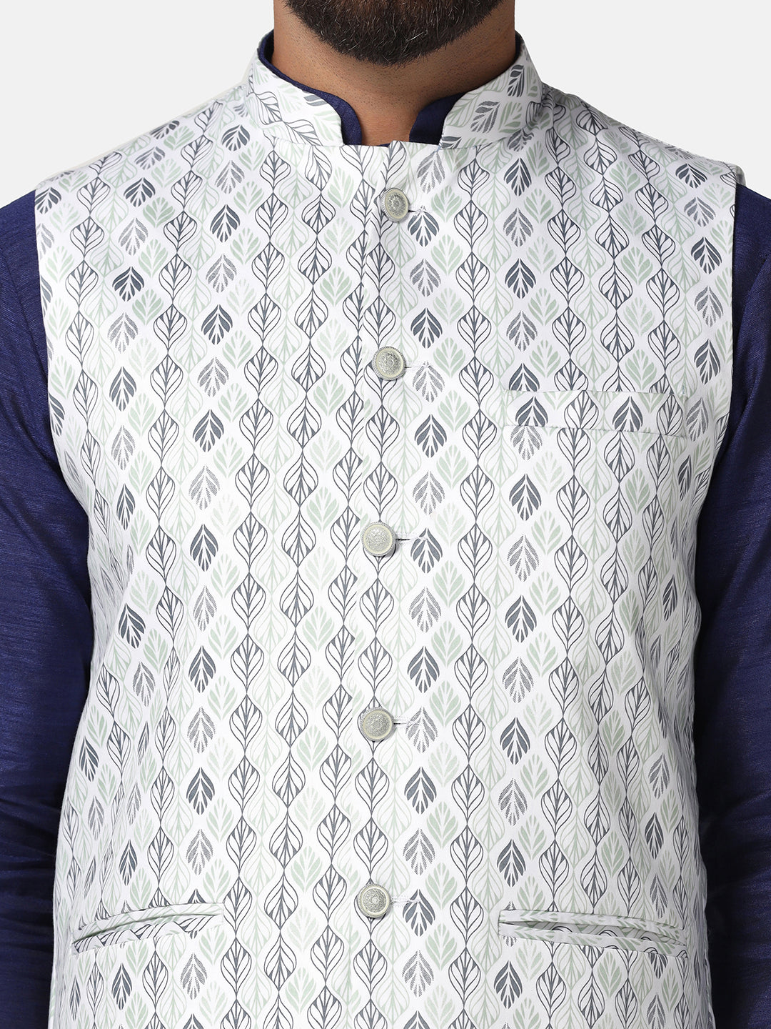 Men Green Cotton Printed Nehru Jacket
