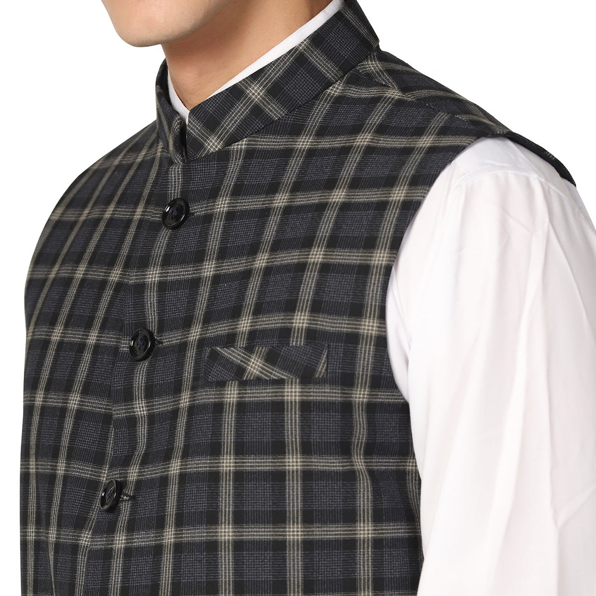 Men Black Check Nehru Jacket