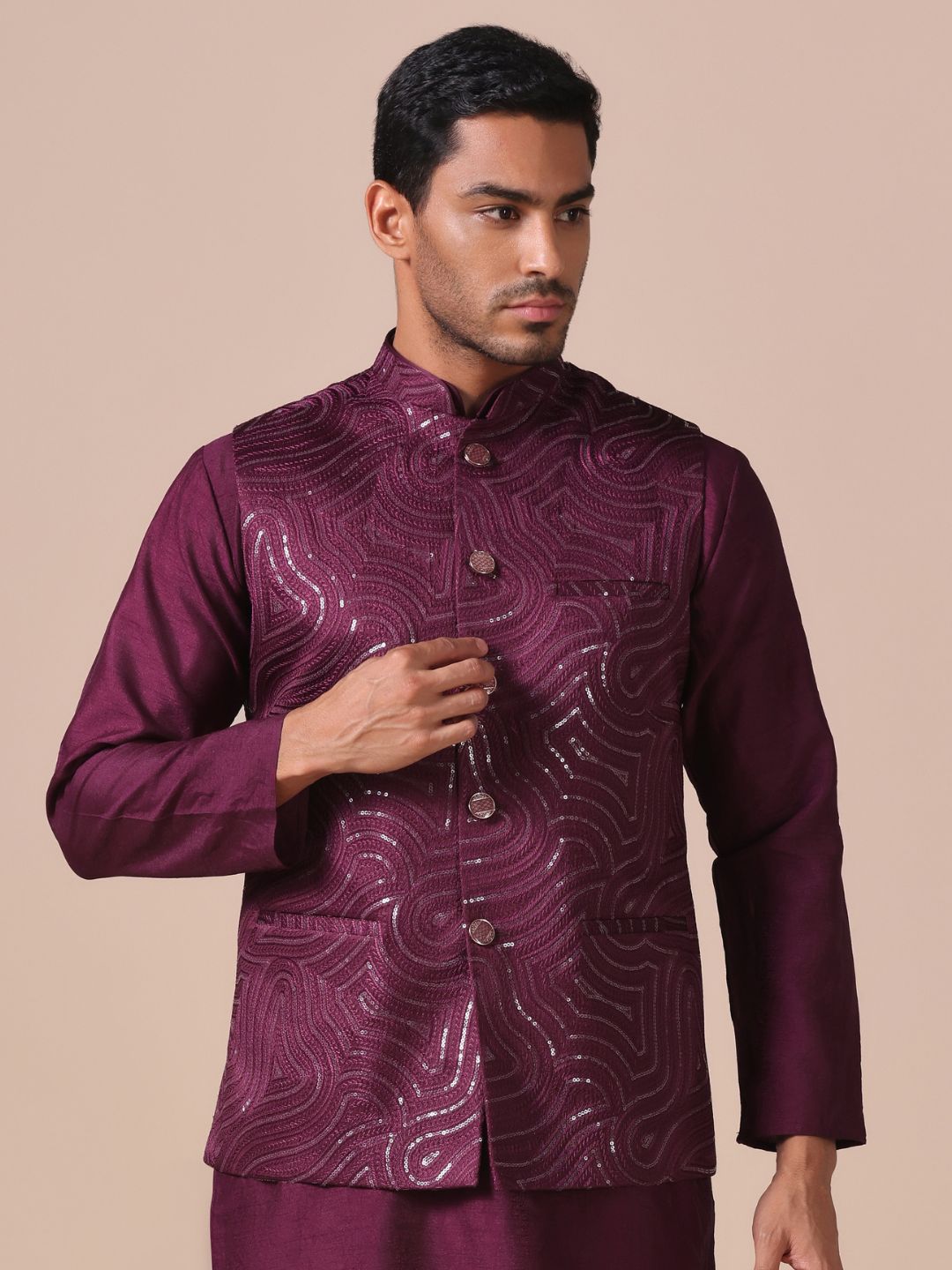 Maroon Wave Pattern Nehru Jacket