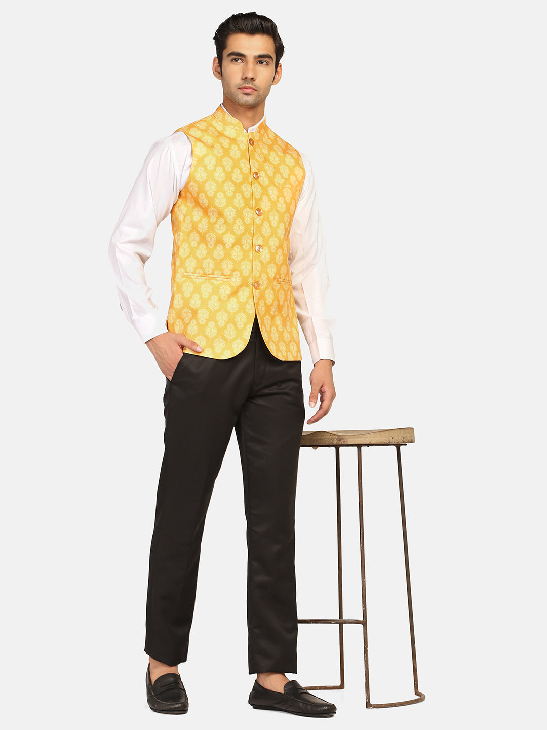 Men Yellow Leaf Nehru Jacket