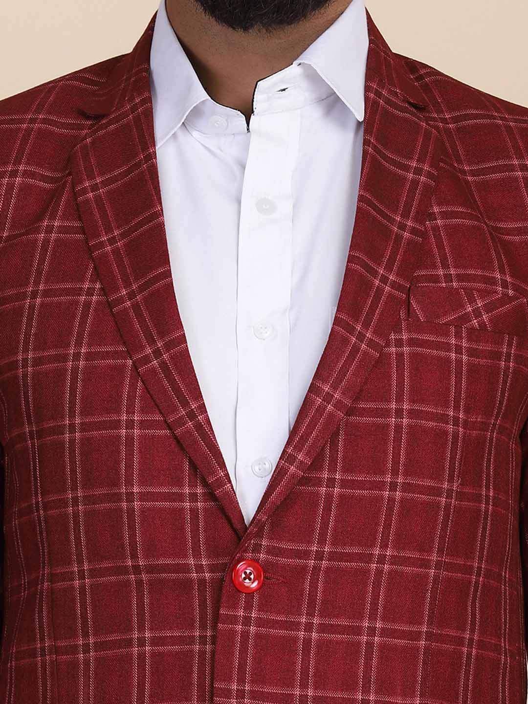 Men Tweed Maroon Check Blazer - Tahvo India