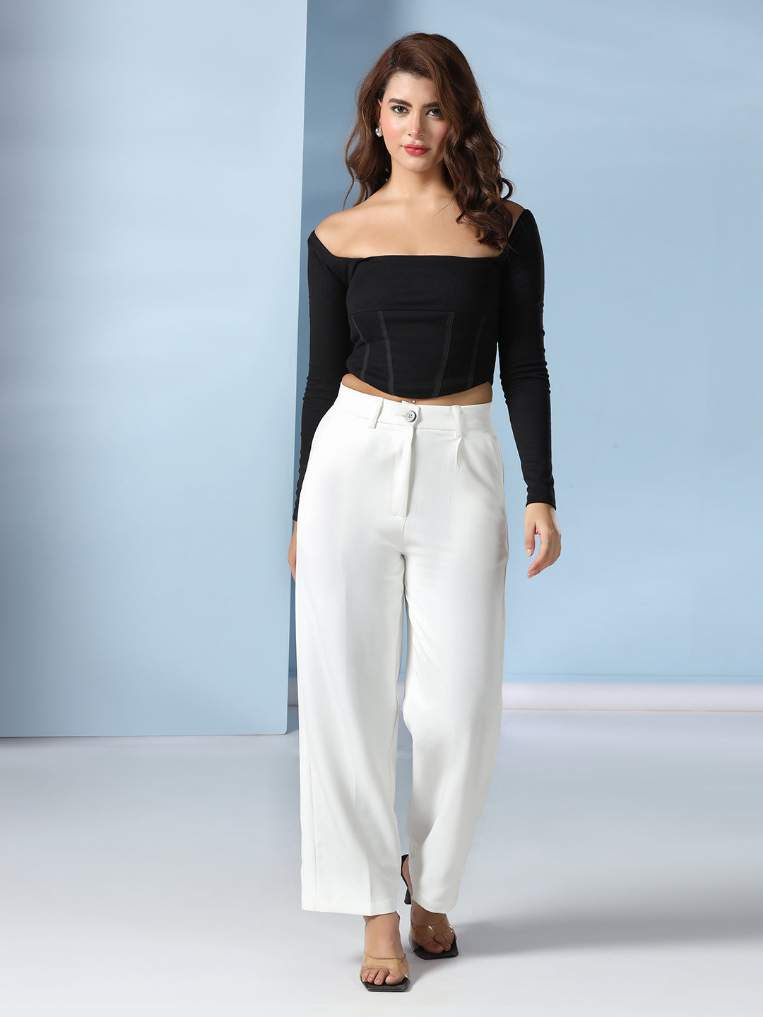 Women white wide leg pleated trousers