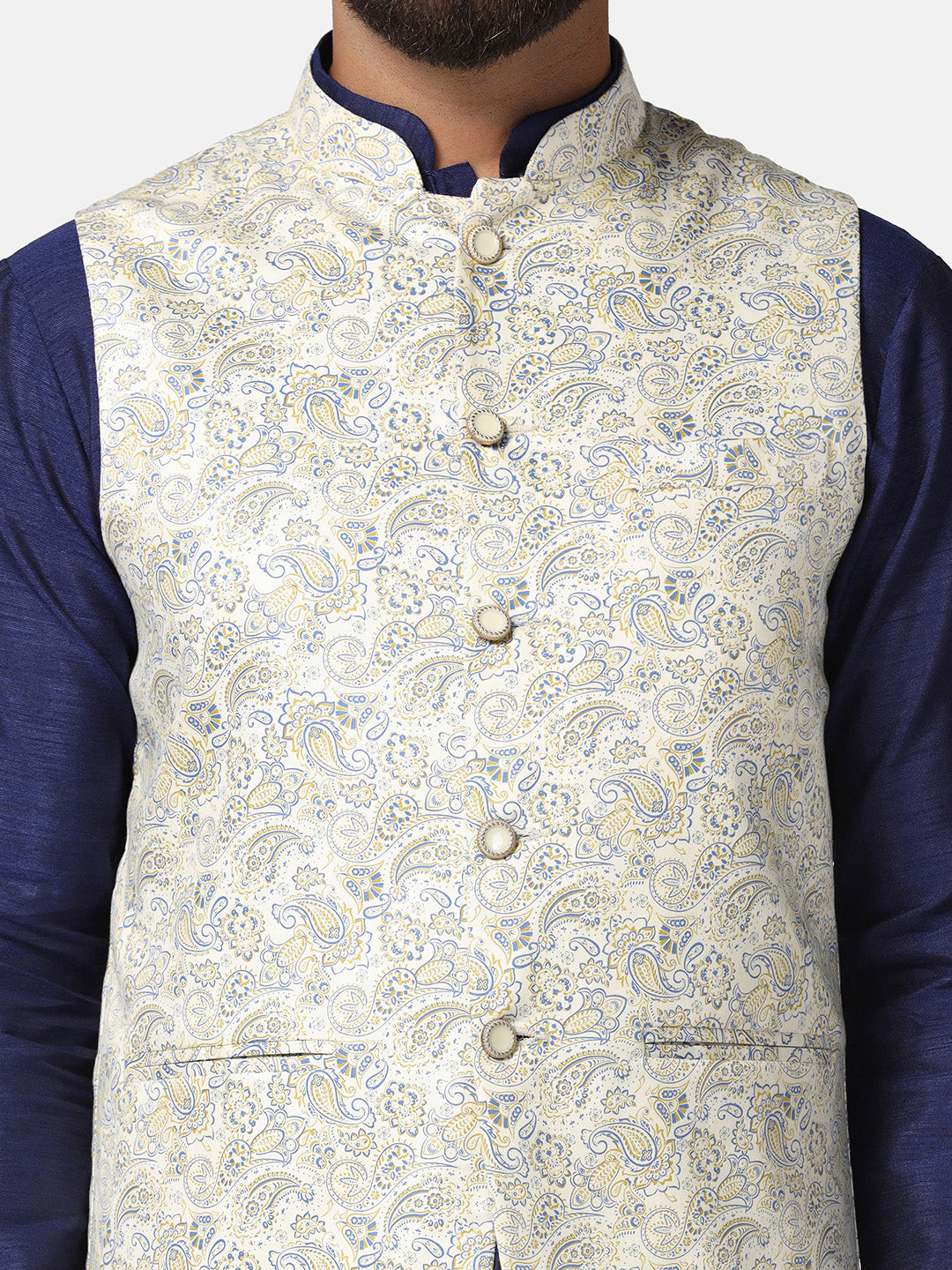Men White Printed Nehru Jacket