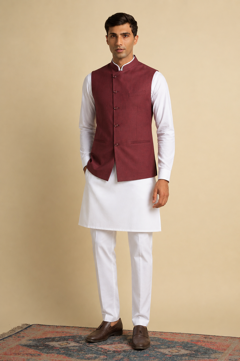 Men white Kurta Set With Angrakha Jacket