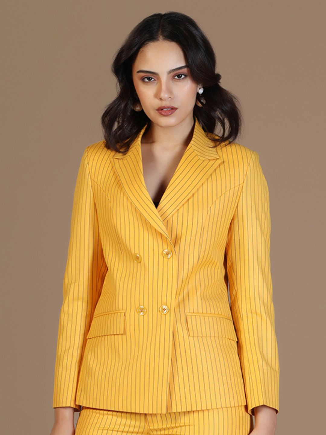 Women Yellow Stripes Blazer - Tahvo India