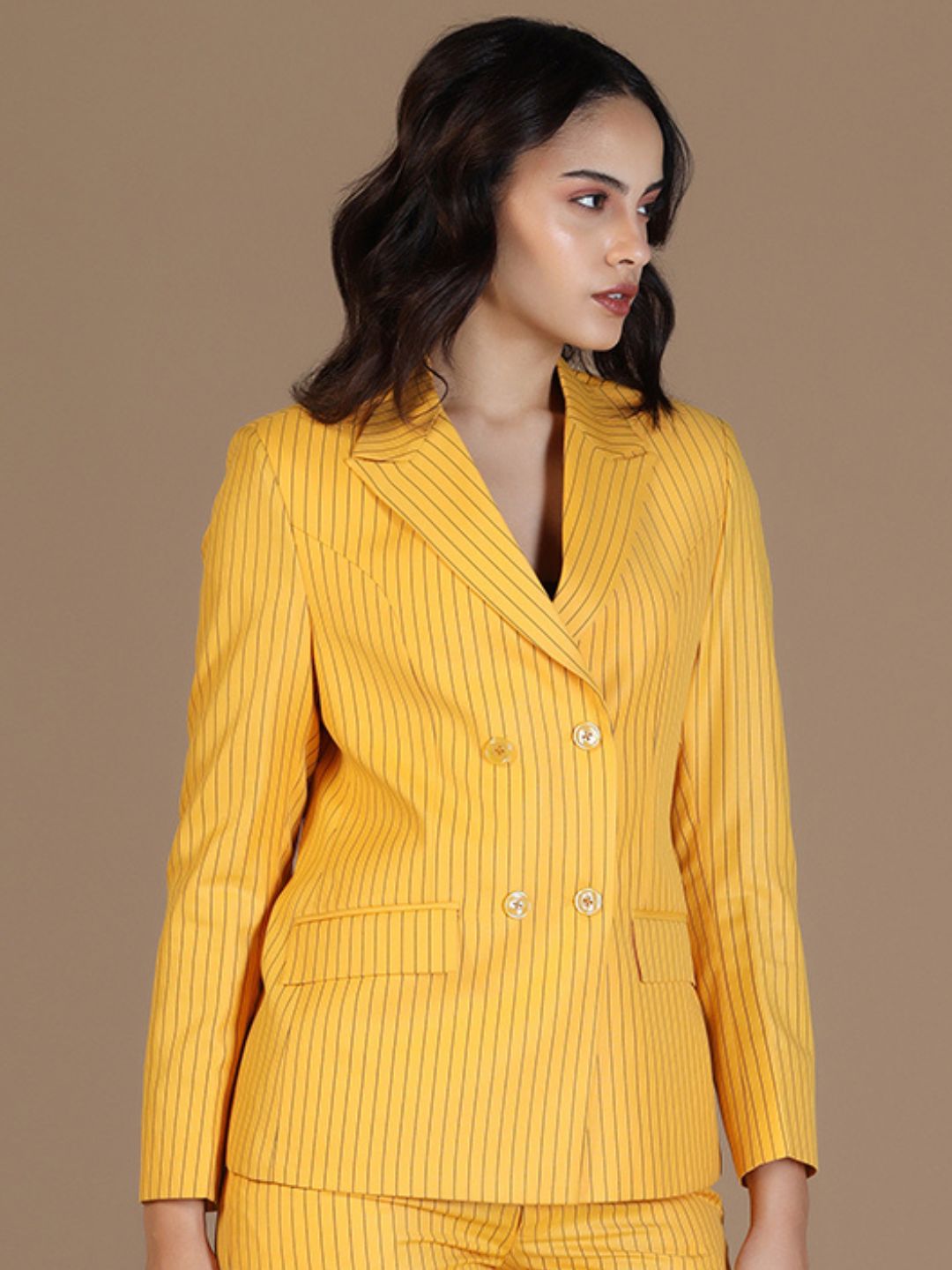 Women Yellow Stripes Blazer - Tahvo India