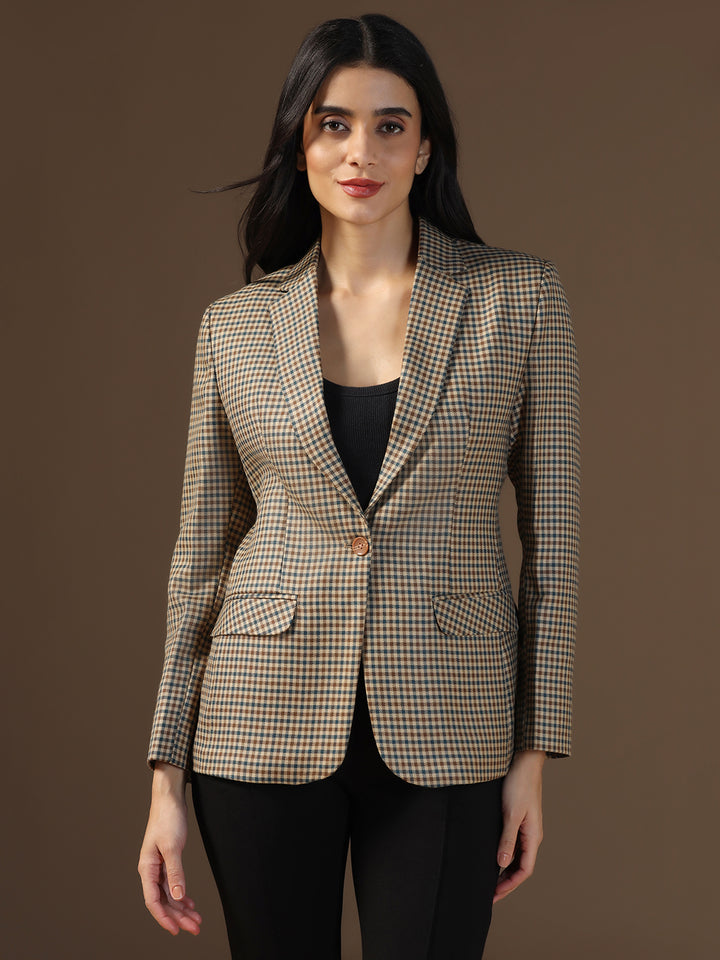 Women's Brown Tweed Checked Blazer - Tahvo India