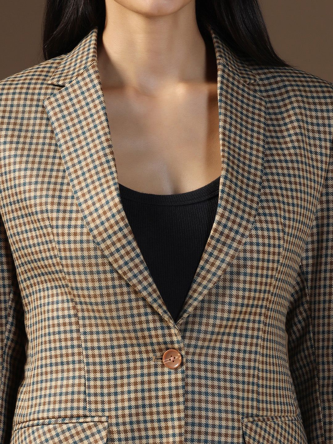 Women's Brown Tweed Checked Blazer - Tahvo India
