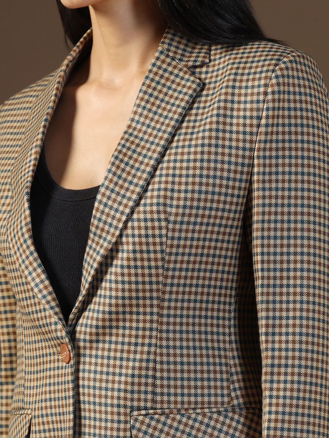 Women's Brown Tweed Checked Blazer - Tahvo India