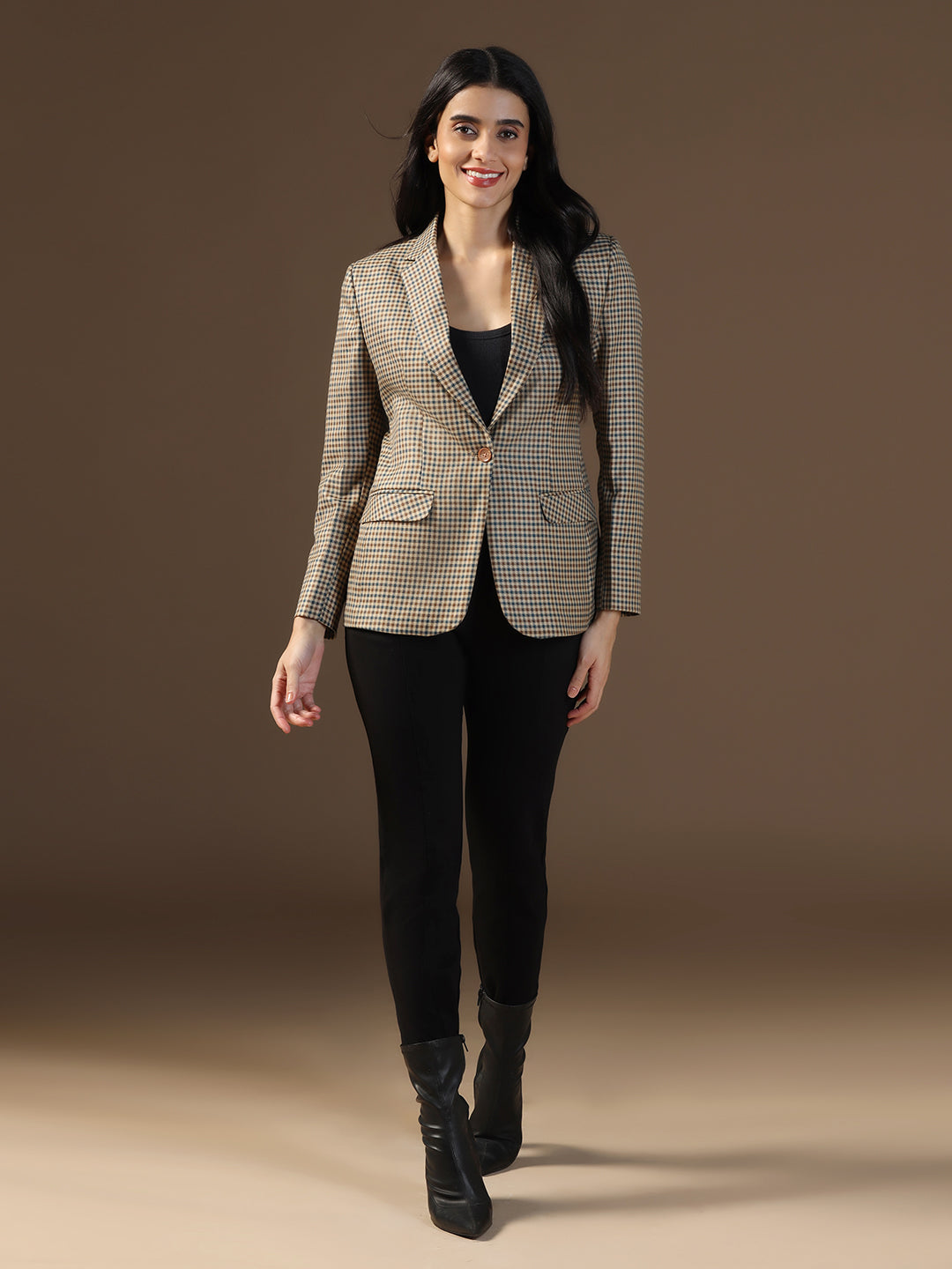Women's Brown Tweed Checked Blazer - Tahvo India