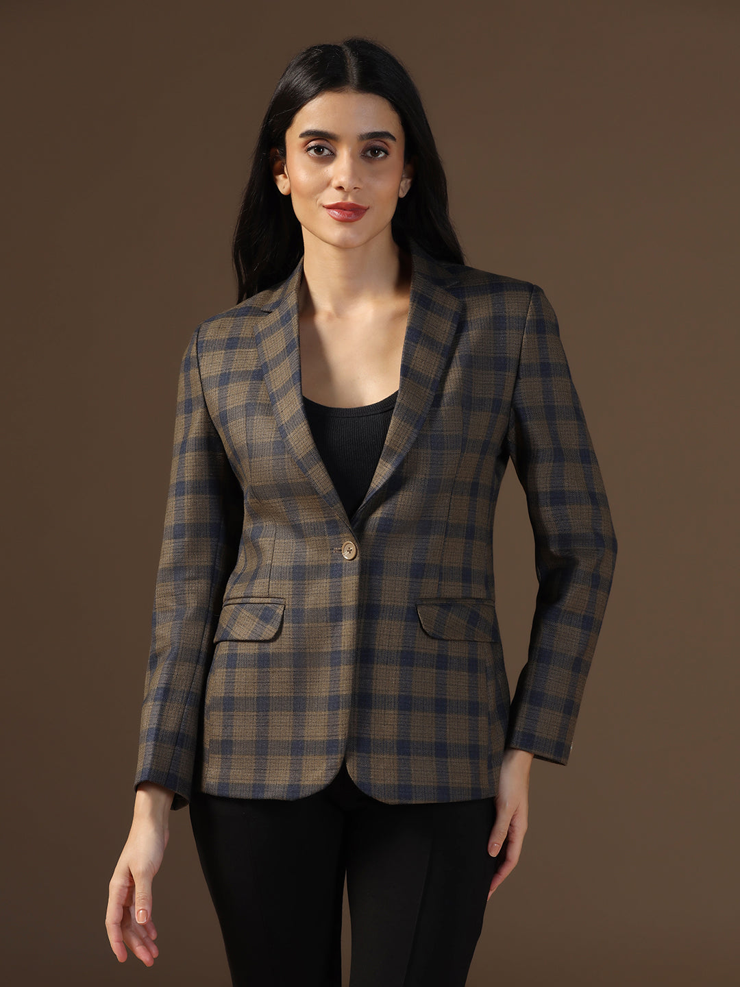 Women's Dark Brown Tweed Checked Blazer - Tahvo India