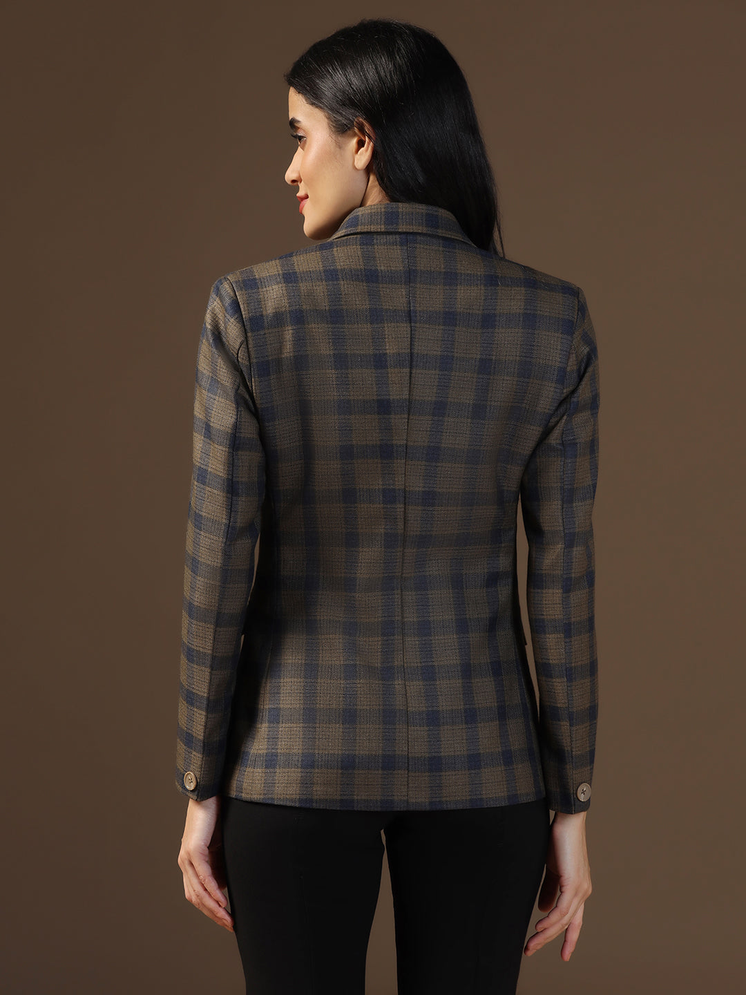 Women's Dark Brown Tweed Checked Blazer - Tahvo India