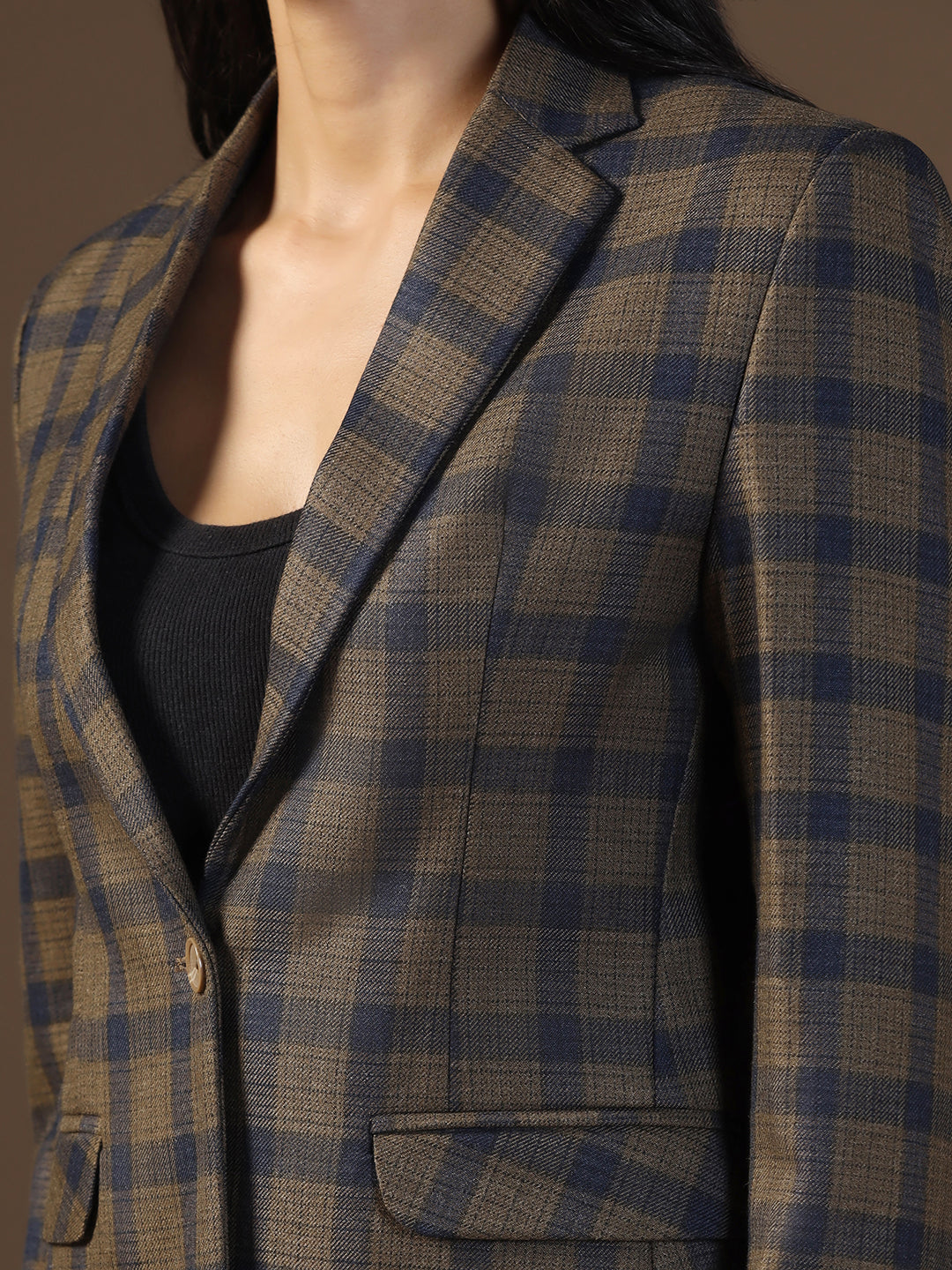 Women's Dark Brown Tweed Checked Blazer - Tahvo India