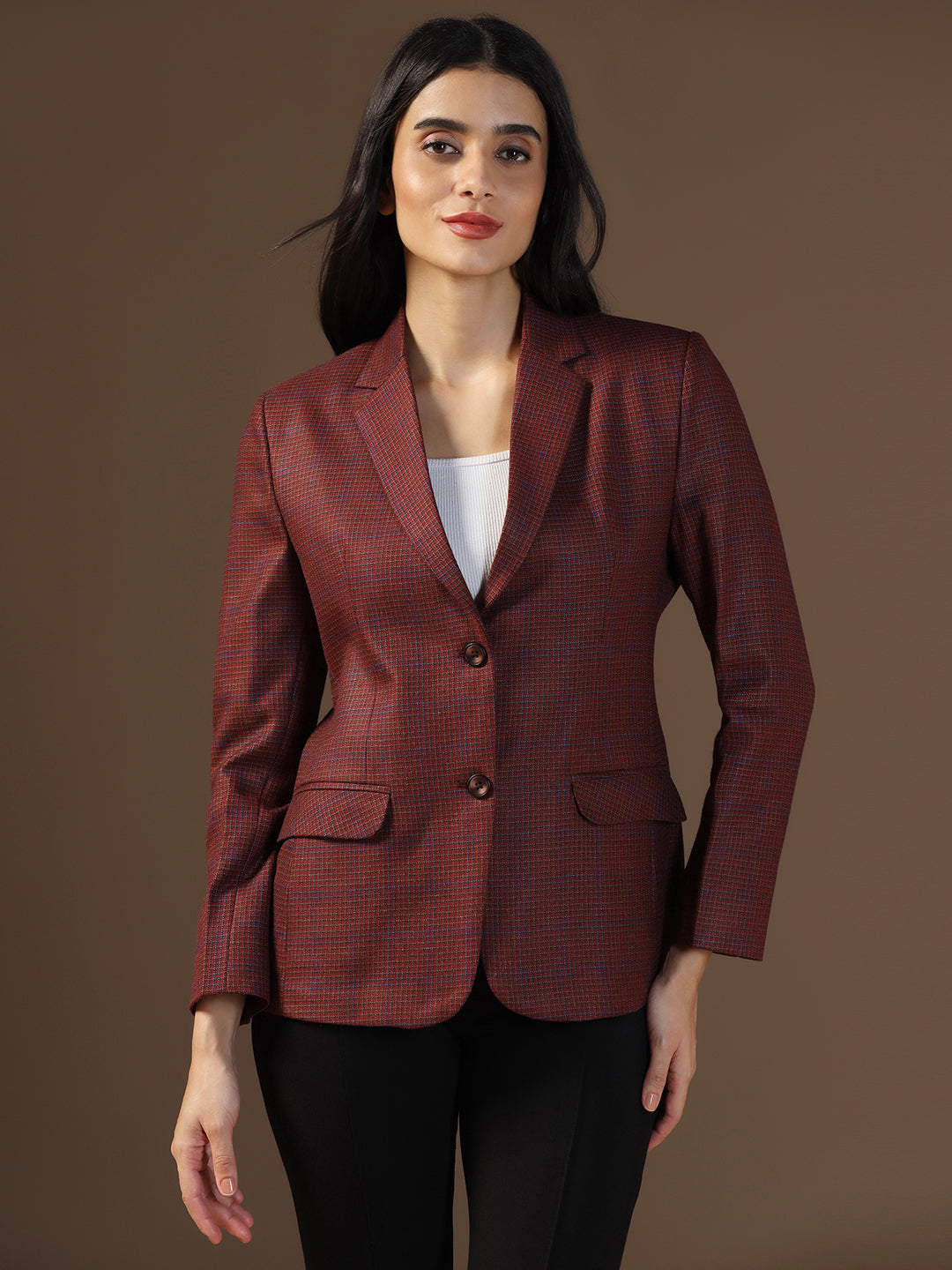 Women's Red Tweed Checked Blazer - Tahvo India