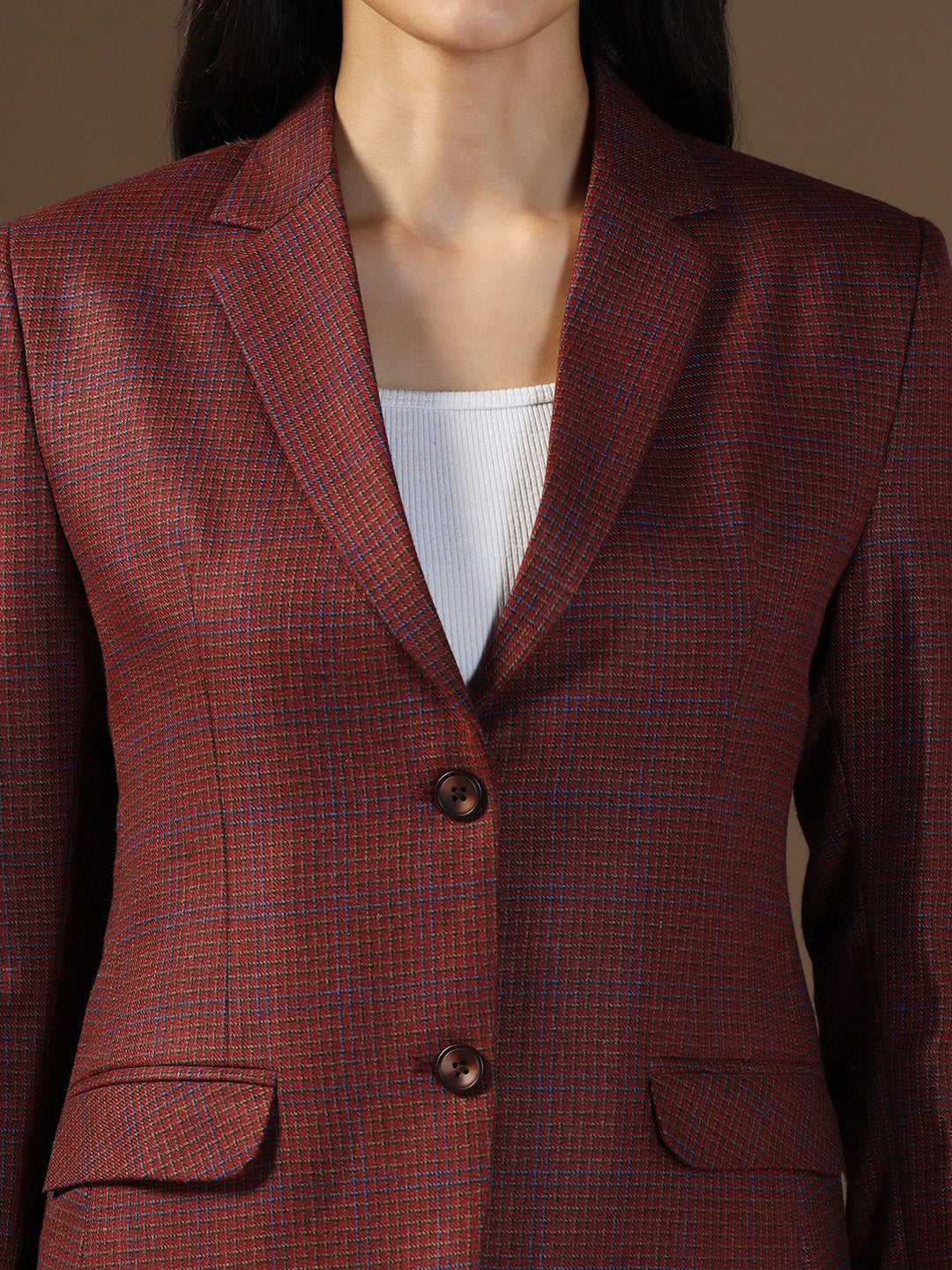 Women's Red Tweed Checked Blazer - Tahvo India