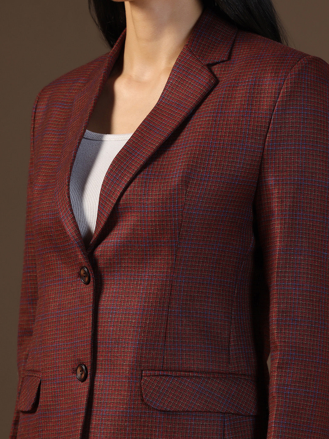 Women's Red Tweed Checked Blazer - Tahvo India