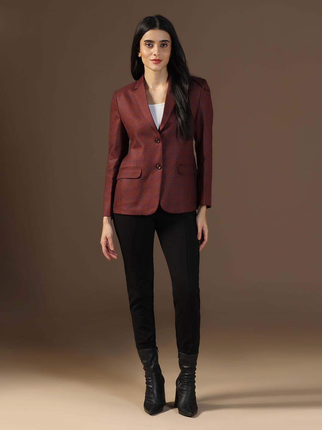 Women's Red Tweed Checked Blazer - Tahvo India
