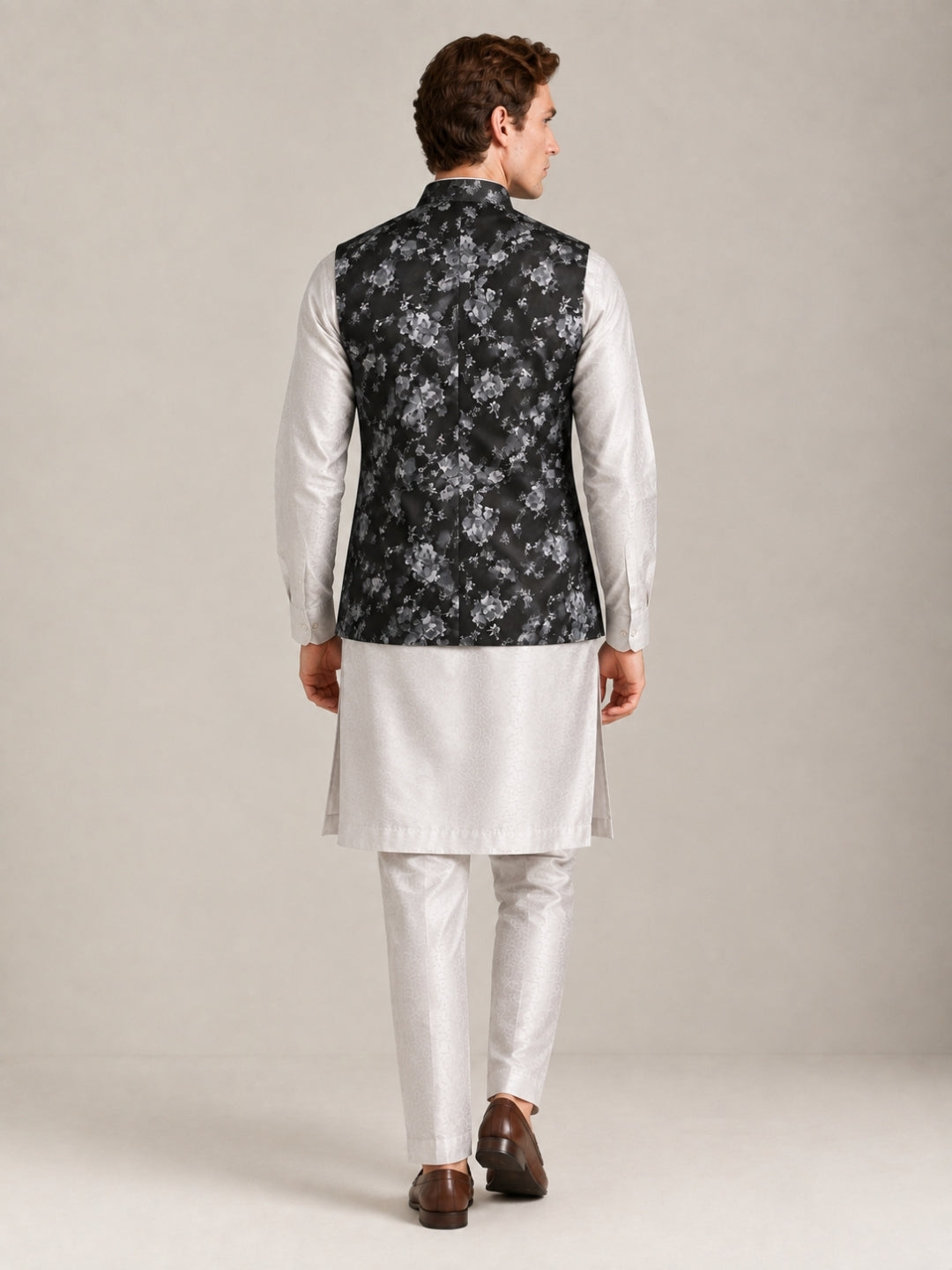 Black Suede Floral Printed Nehru Jacket