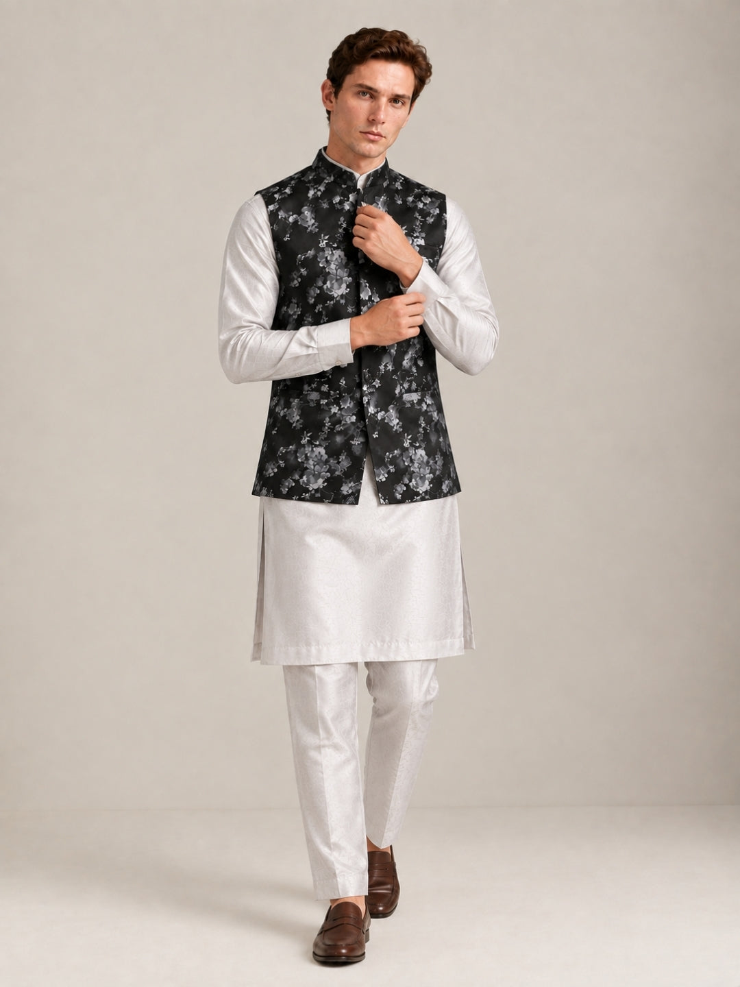 Black Suede Floral Printed Nehru Jacket