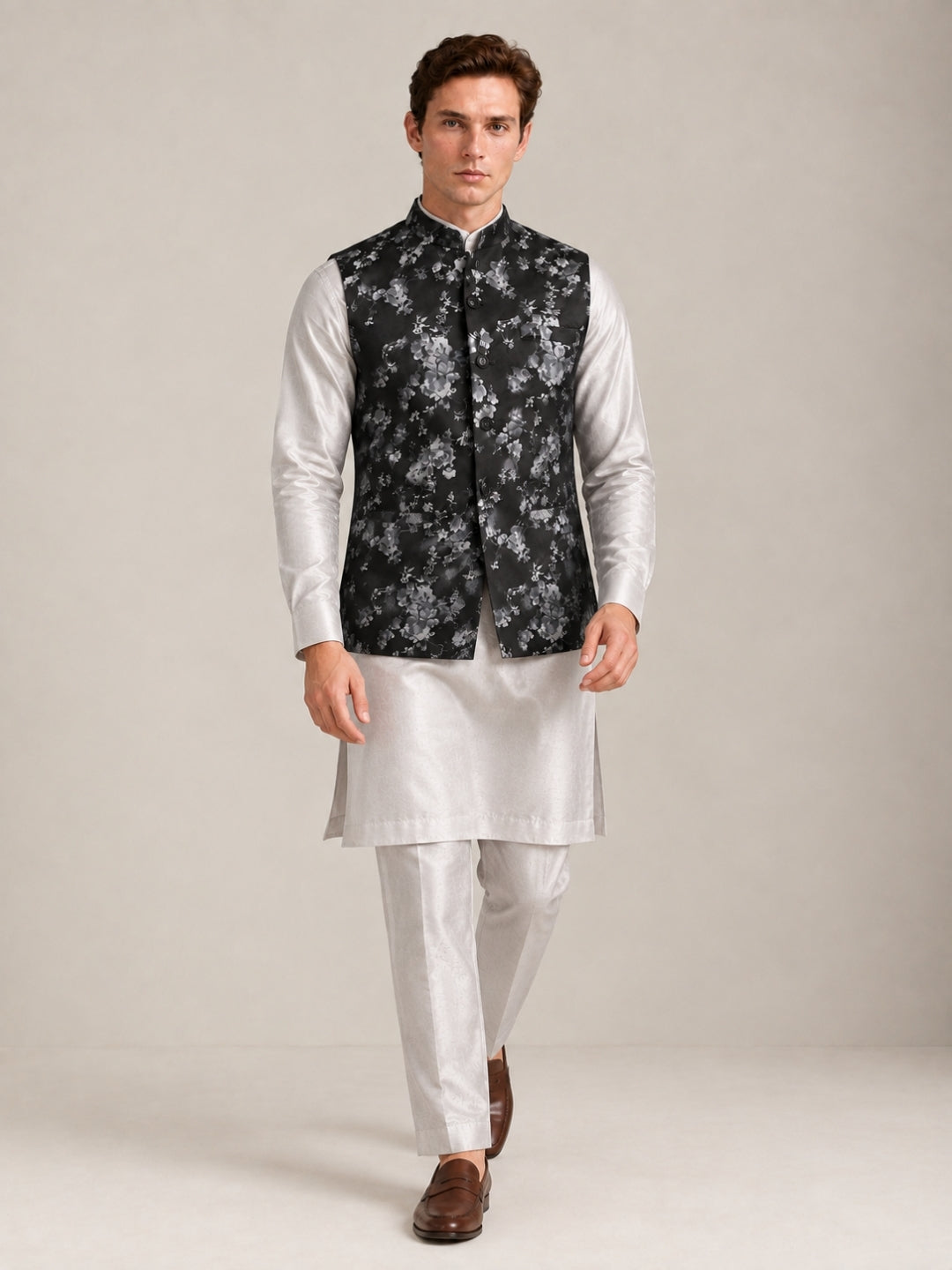 Black Suede Floral Printed Nehru Jacket