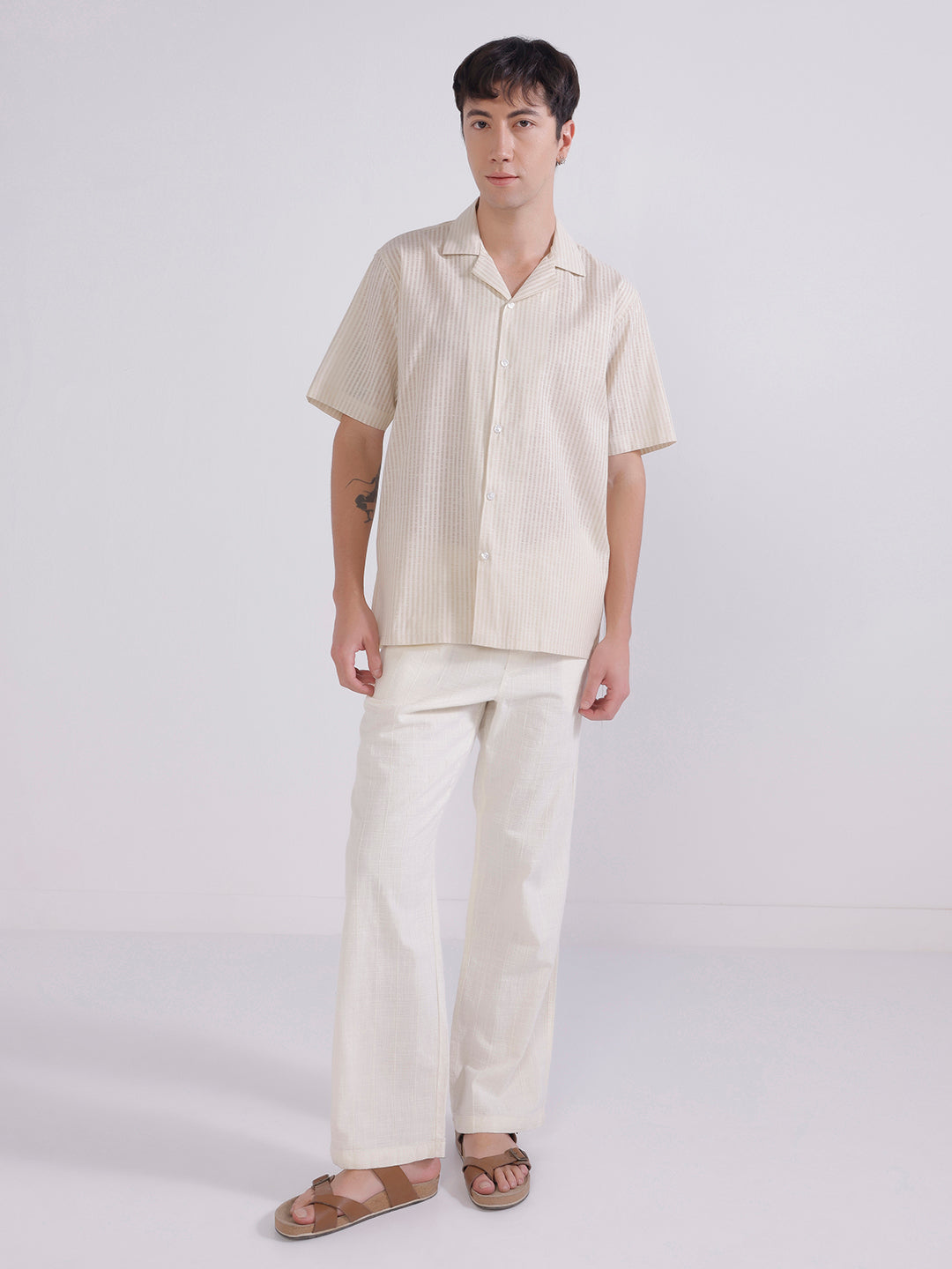 Men Beige Stripes Linen Shirt
