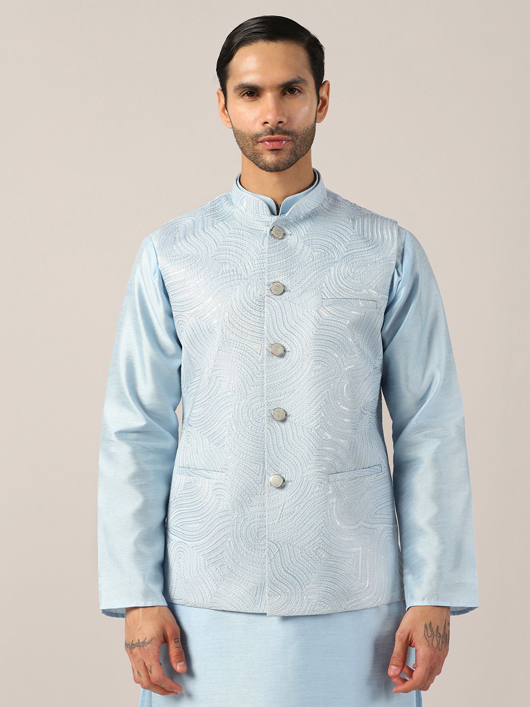 Blue Textured Nehru Jacket