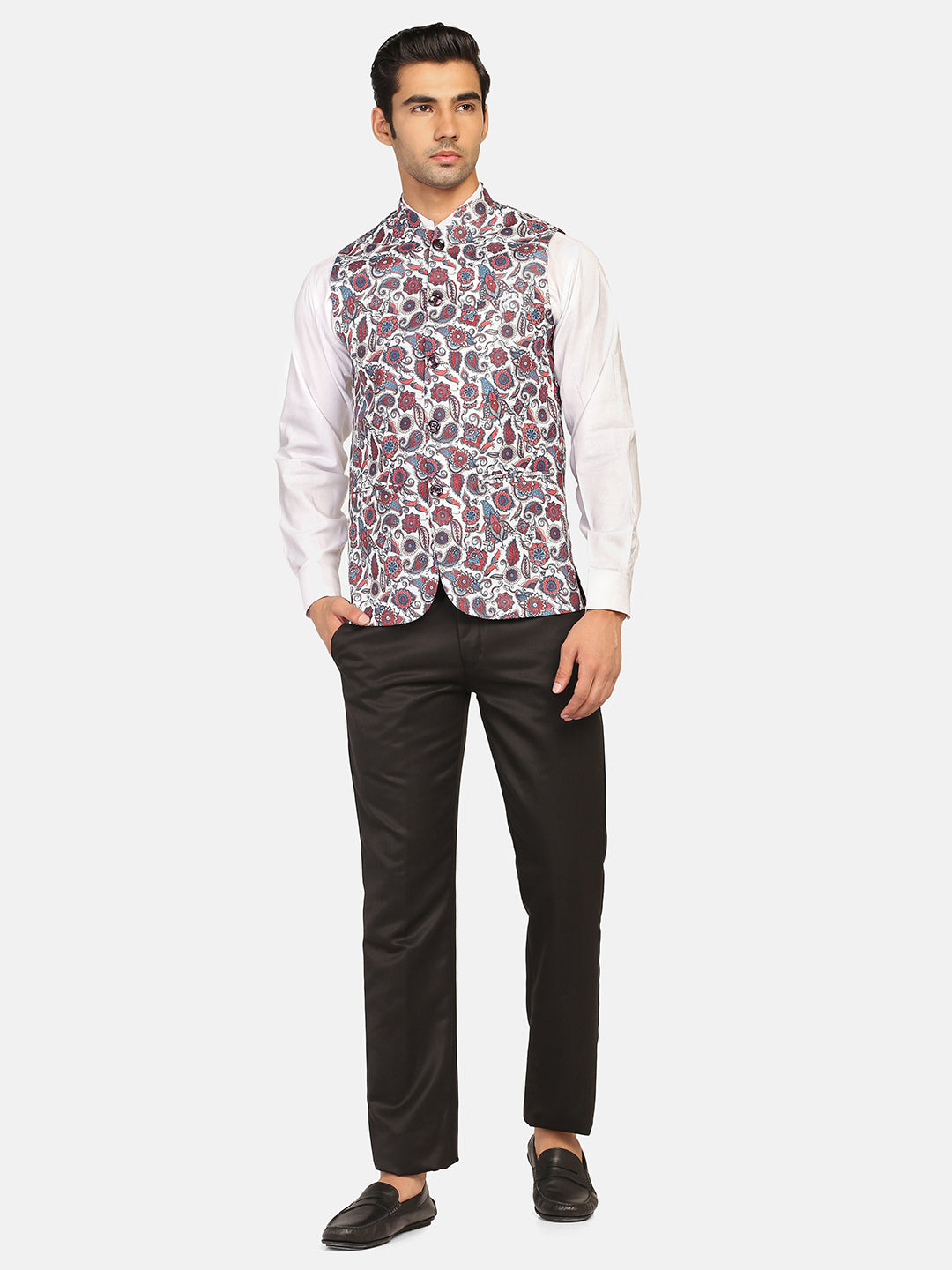 Men White Printed Nehru Jacket