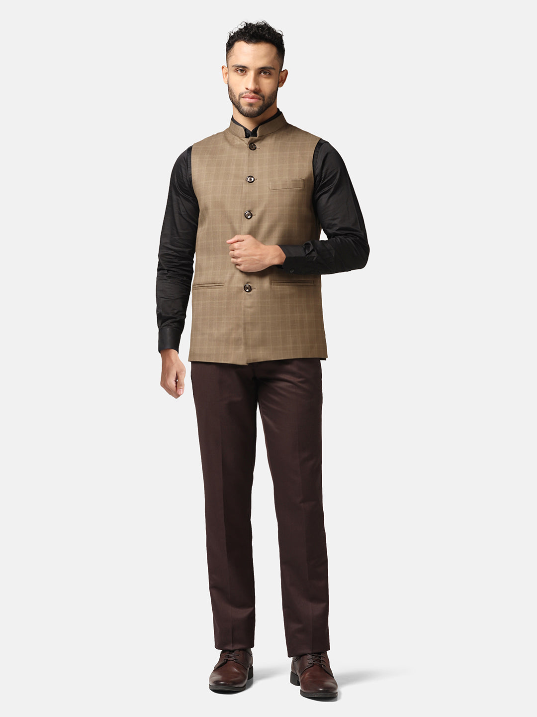 Men Brown Check Nehru Jacket