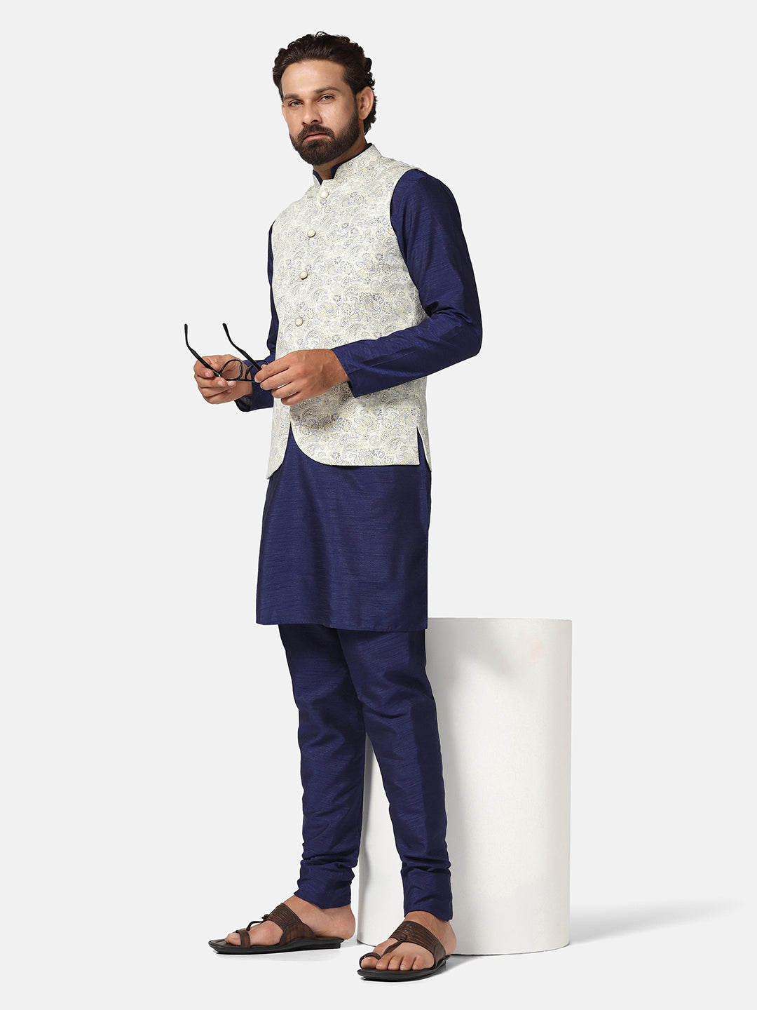Men White Printed Nehru Jacket