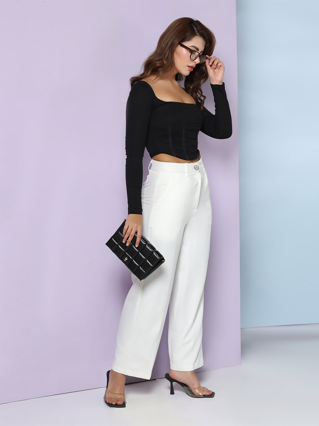 Women white wide leg pleated trousers