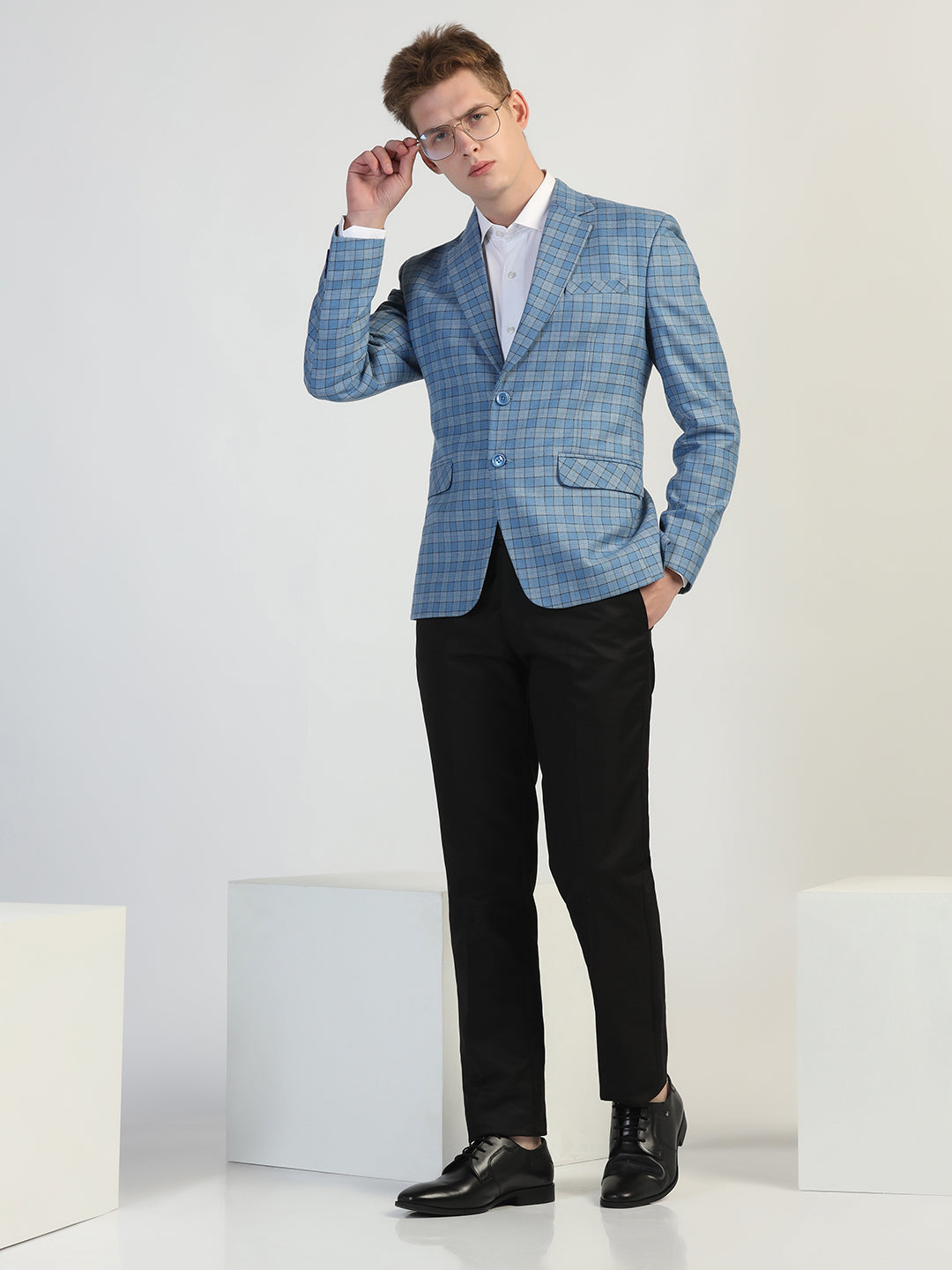 Light Blue Checked Tweed Blazer