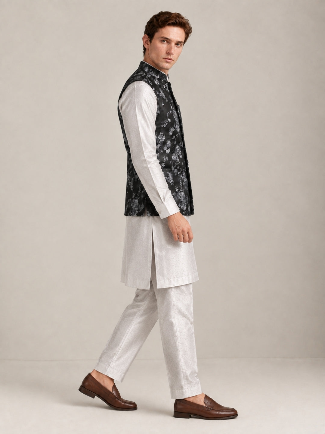 Black Suede Floral Printed Nehru Jacket