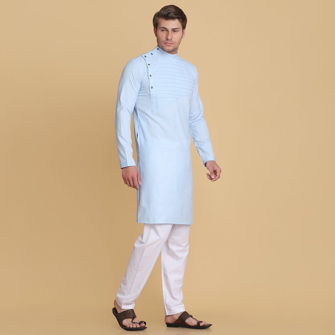 Men Light Blue Cotton  Kurta