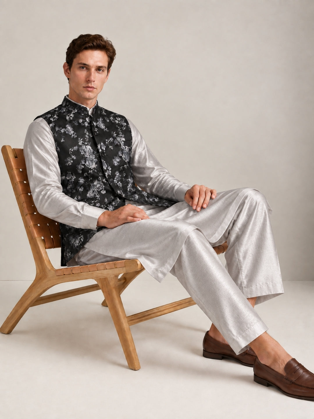Black Suede Floral Printed Nehru Jacket