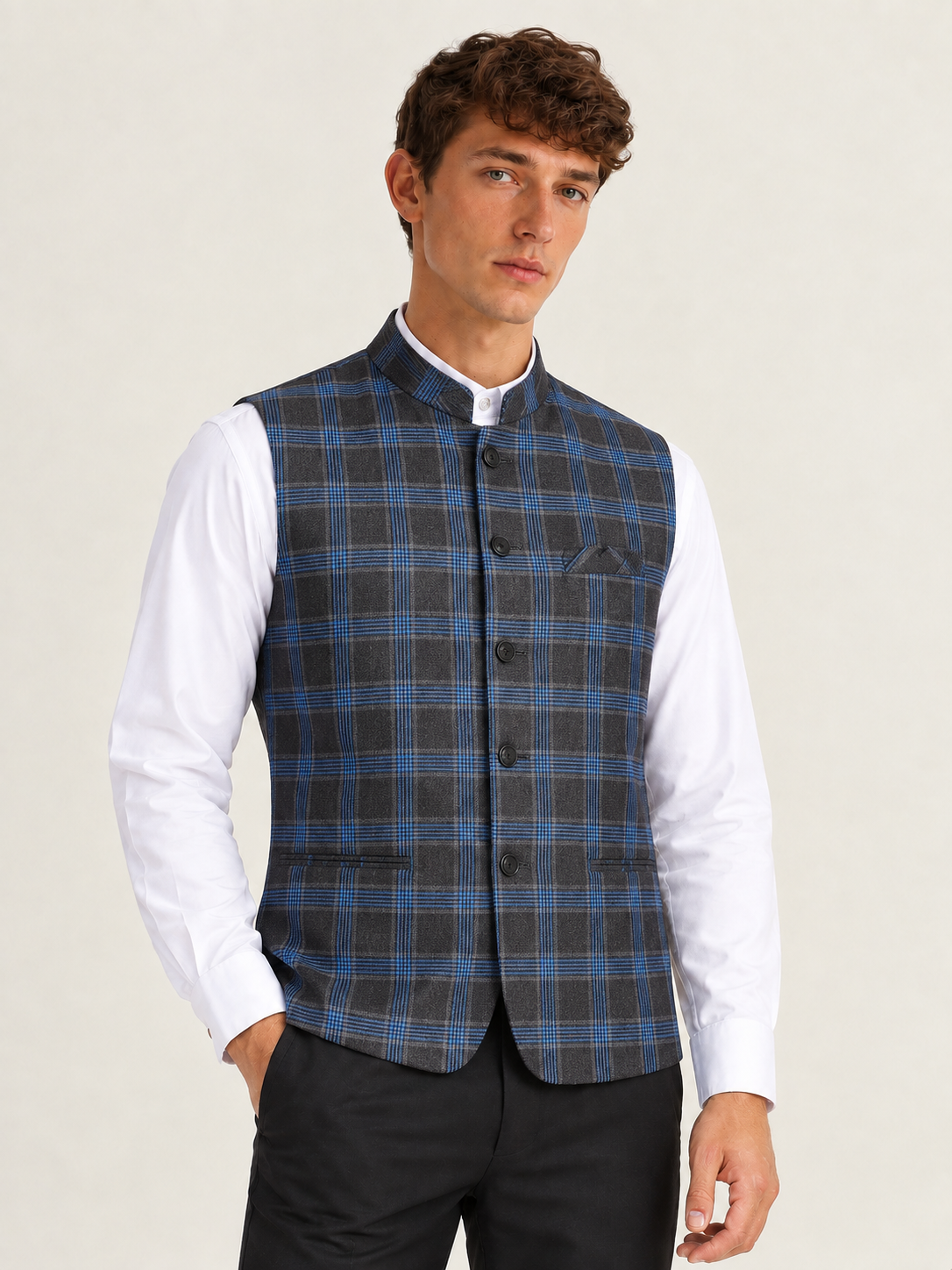 Men Blue Check Tweed Nehru Jacket
