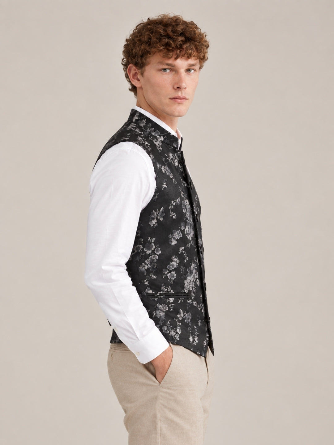 Black Suede Floral Printed Nehru Jacket
