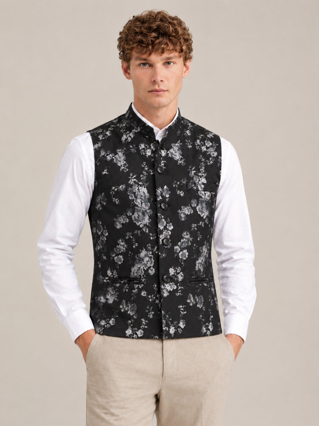 Black Suede Floral Printed Nehru Jacket