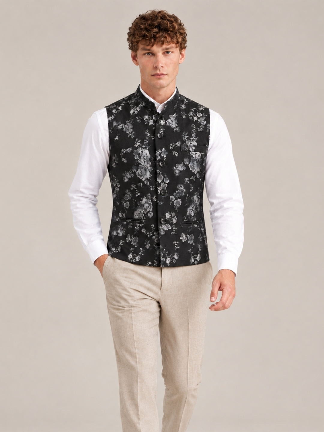 Black Suede Floral Printed Nehru Jacket