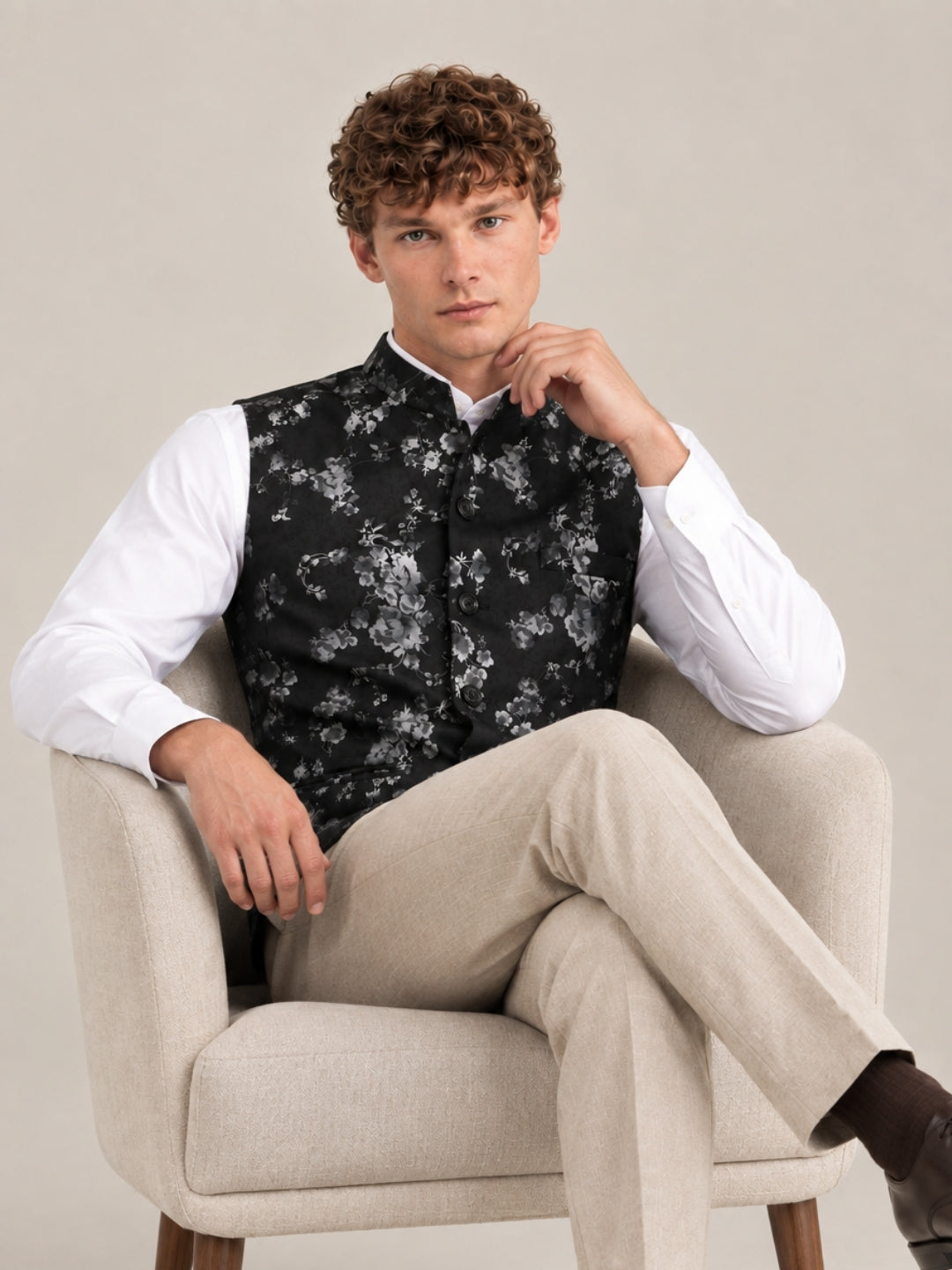 Black Suede Floral Printed Nehru Jacket