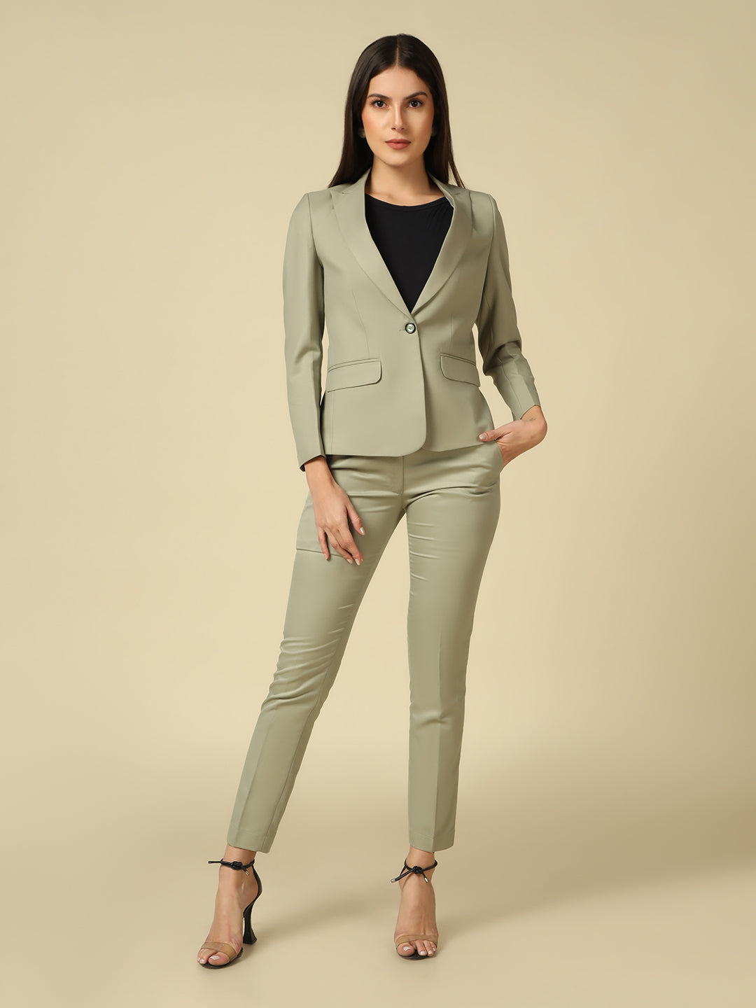 Women Light Green Blazer And Trousers Suit Set - Tahvo India