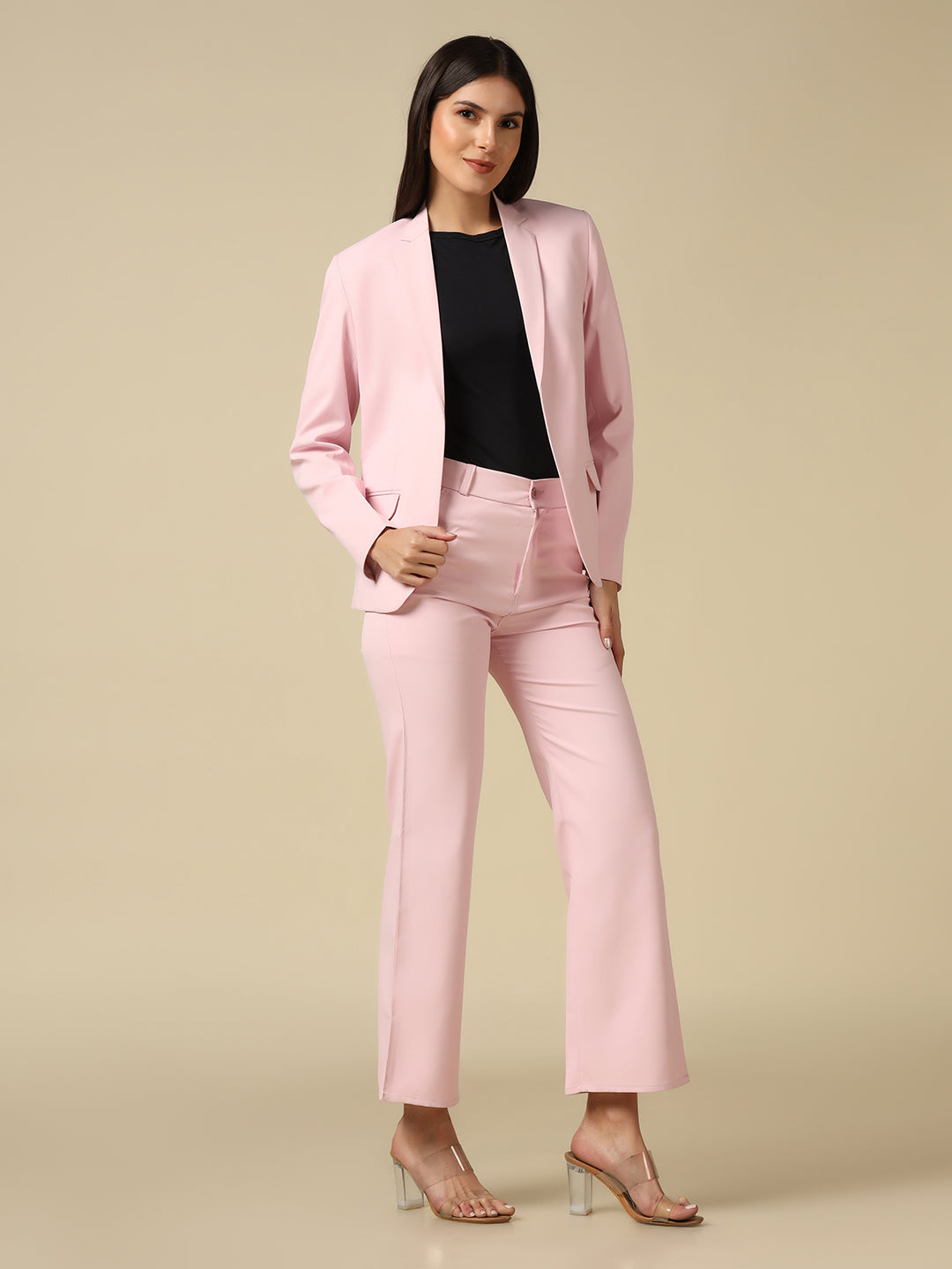 Women Pink Blazer And Trousers Suit Set - Tahvo India