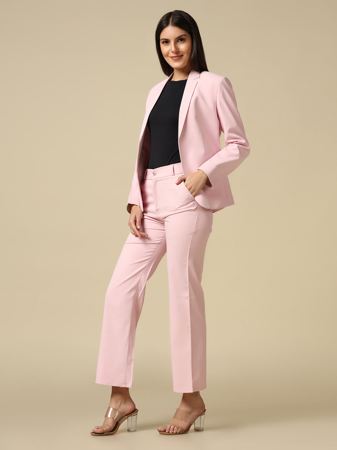 Women Pink Blazer And Trousers Suit Set - Tahvo India