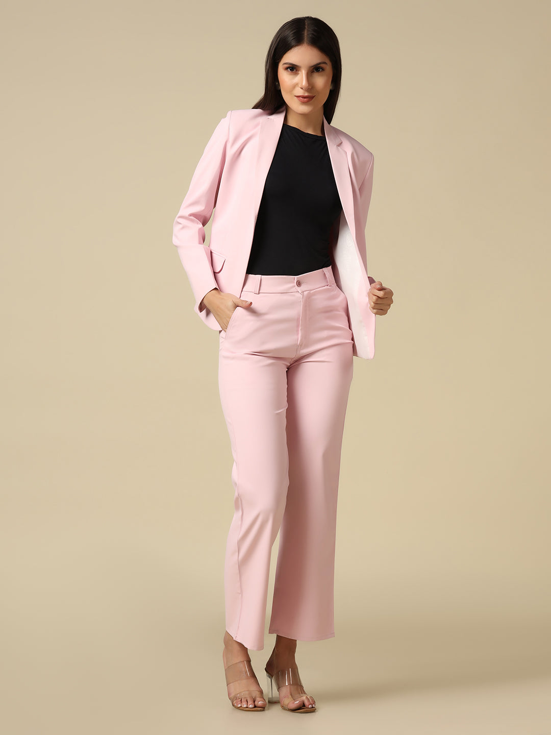 Women Pink Blazer And Trousers Suit Set - Tahvo India