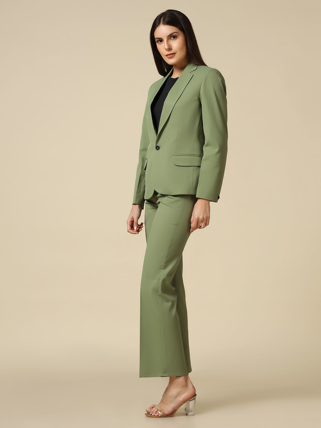 Women Green Blazer And Trousers Suit Set - Tahvo India