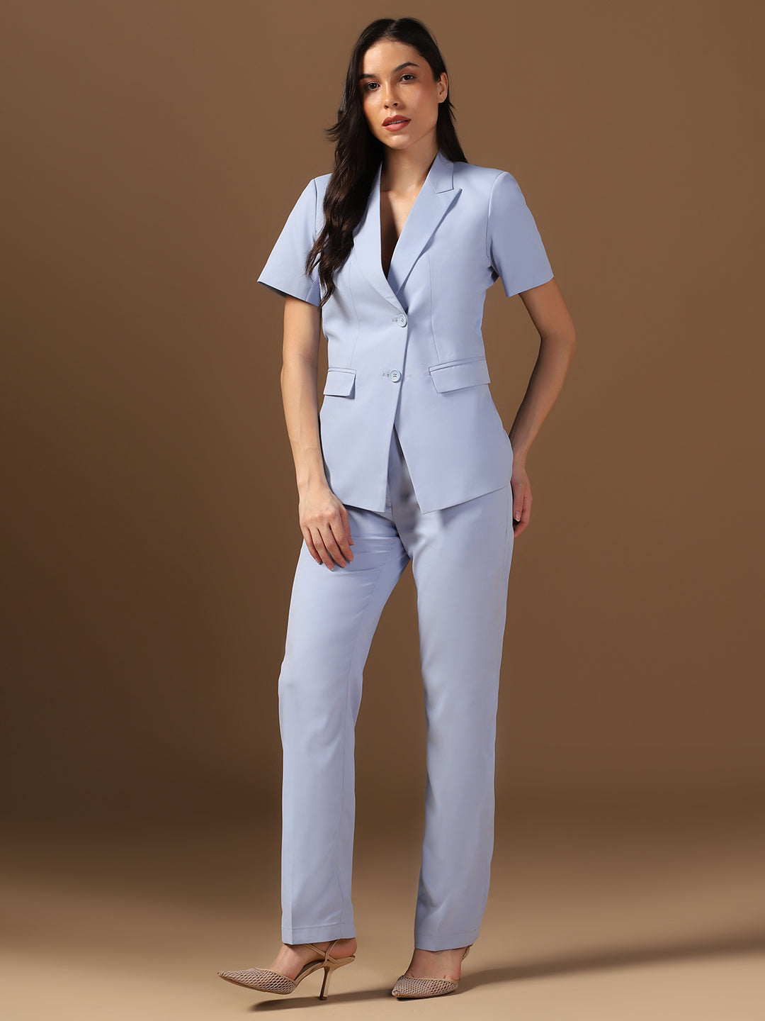 Women Sky Blue Blazer And Trousers Suit Set - Tahvo India