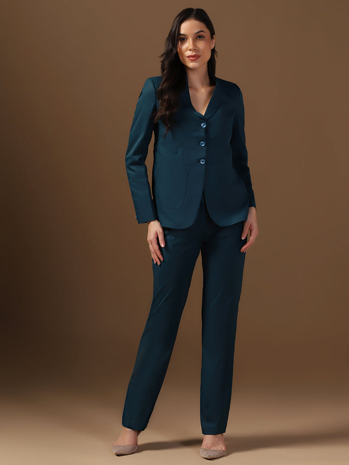 Women Turquoish Blazer And Trousers Suit Set - Tahvo India