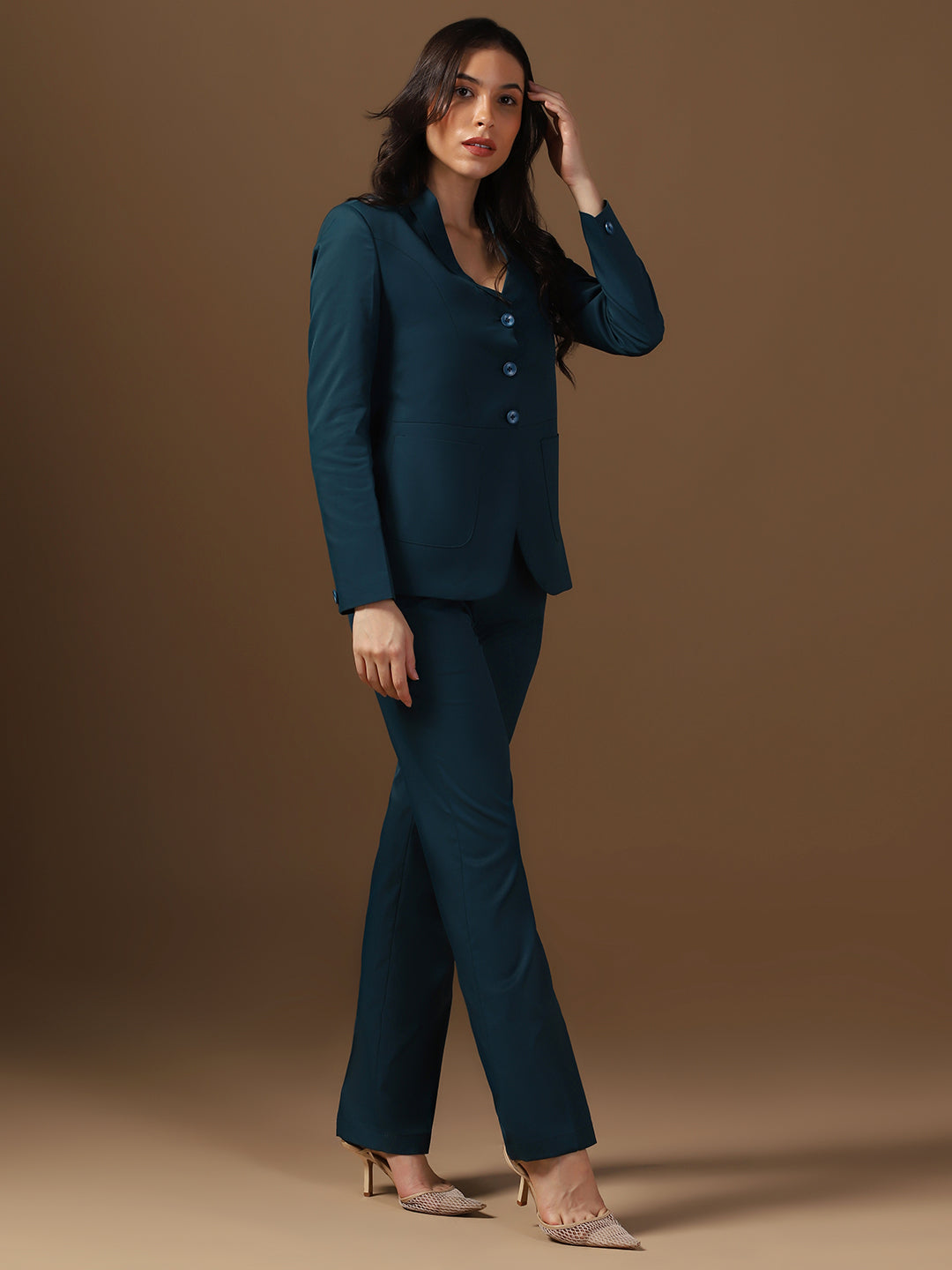 Women Turquoish Blazer And Trousers Suit Set - Tahvo India