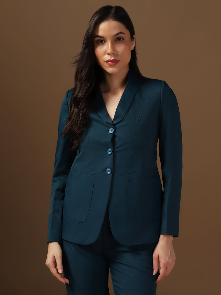Women Turquoish Blazer And Trousers Suit Set - Tahvo India