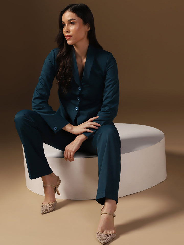 Women Turquoish Blazer And Trousers Suit Set - Tahvo India