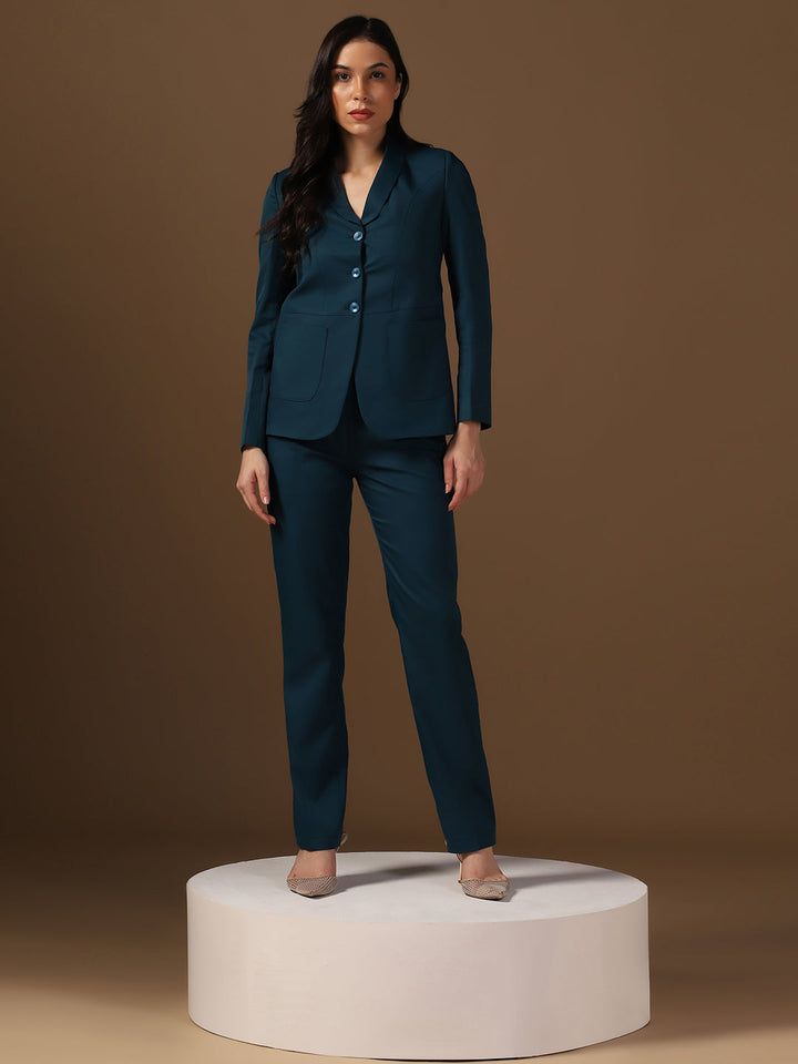 Women Turquoish Blazer And Trousers Suit Set - Tahvo India